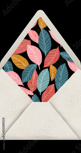 Open envelope with colorful floral leaf pattern isolated on black