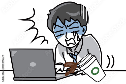 コーヒーをパソコンにこぼし青ざめる会社員のベクターイラスト