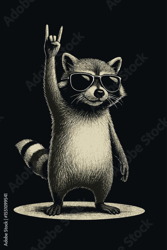Funny raccoon with sunglasses and rocker handsign vector illustration