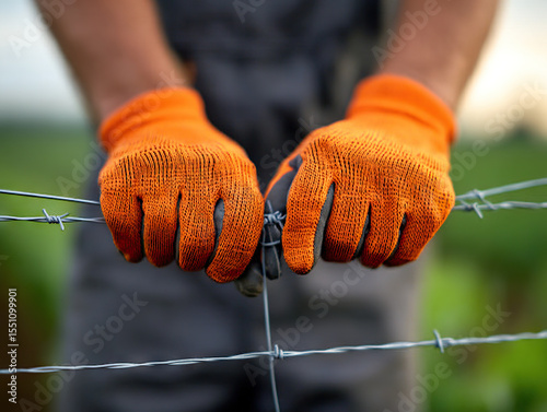 Farmer wearing orange gloves installs barbed wire fence in rural field, showcasing hard work and dedication