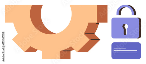 Gear representing system operations, lock symbolizing security, and data item for management integration. Ideal for technology, security, data protection, process optimization, access management, IT