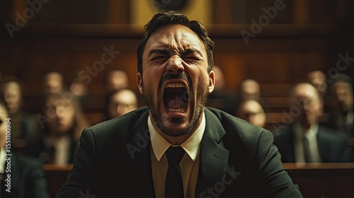 Man in a suit passionately shouting in a formal setting, likely a courtroom or legislative assembly.