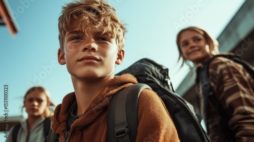 A confident young boy gazes into the distance while flanked by friends in a bright outdoor setting, embodying friendship, youth, adventure, and the joys of childhood.