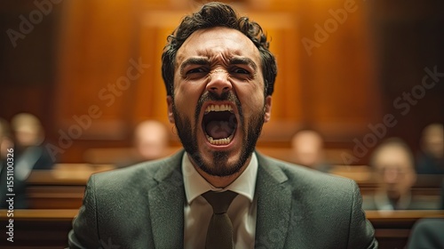Man in a suit passionately shouting in a formal setting, likely a courtroom or legislative assembly.