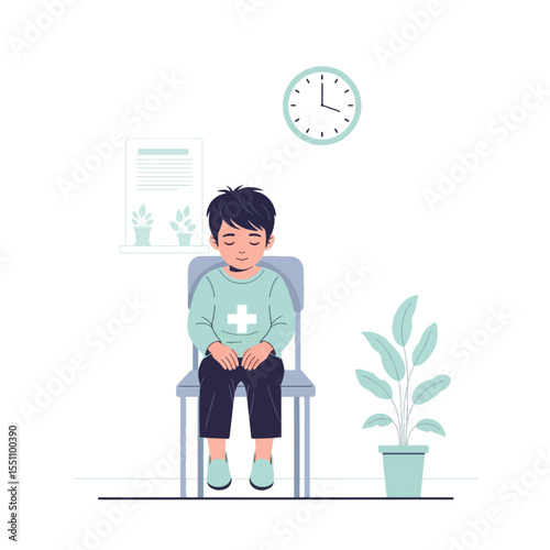 Young Boy Patiently Waiting in a Doctor's Office Waiting Room