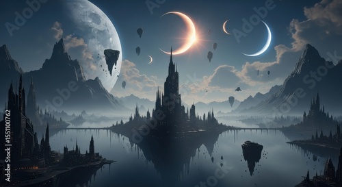 Fantastic Landscape with Floating Islands Under Multiple Moons