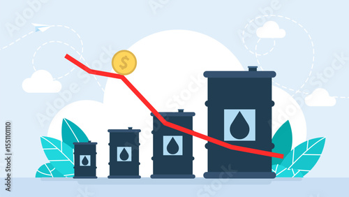 Barrels of oil against the backdrop of a declining financial graph. Oil barrel price falls down chart. Price rises chart and oil drum. Oil industry crisis or Price Rises Concept. Vector illustration