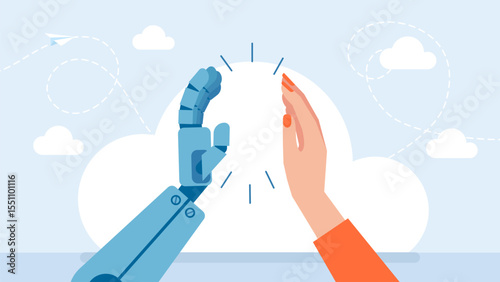 A woman gives a high five to the AI assistant. A woman giving a high five to a friendly AI robot, celebrating teamwork. A friendship with modern technology concept. Vector flat illustration
