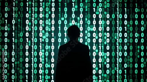 Man Standing Front of a Glowing Green Digital Matrix Screen, Cybersecurity and Hacking Concept Photo