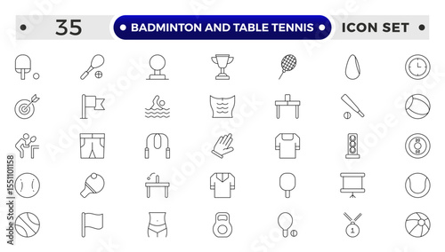 Badminton and Table Tennis Outline icon collection featuring sports equipment, activities, and athletes—football, basketball, cycling, running, swimming, trophies, teamwork, training, competition.