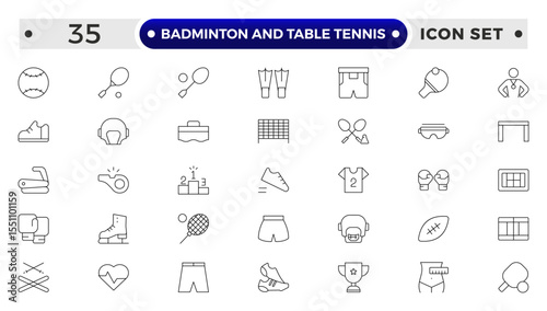 Badminton and Table Tennis Outline icon collection featuring sports equipment, activities, and athletes—football, basketball, cycling, running, swimming, trophies, teamwork, training, competition.