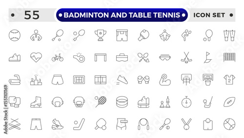 Badminton and Table Tennis Outline icon collection featuring sports equipment, activities, and athletes—football, basketball, cycling, running, swimming, trophies, teamwork, training, competition.