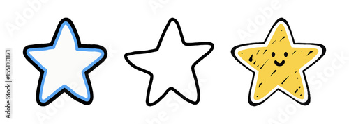 Three hand drawn stars one blue and black one black and one yellow with face isolated on transparent background