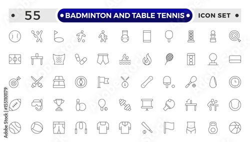 Badminton and Table Tennis Outline icon collection featuring sports equipment, activities, and athletes—football, basketball, cycling, running, swimming, trophies, teamwork, training, competition.
