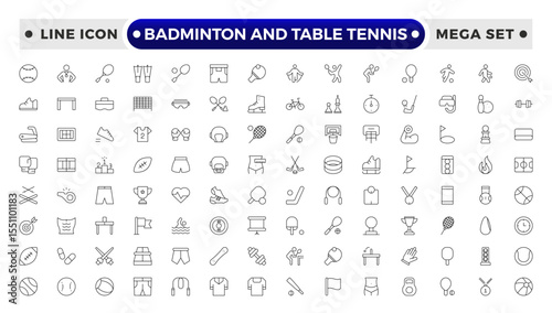 Badminton and Table Tennis Outline icon collection featuring sports equipment, activities, and athletes—football, basketball, cycling, running, swimming, trophies, teamwork, training, competition.
