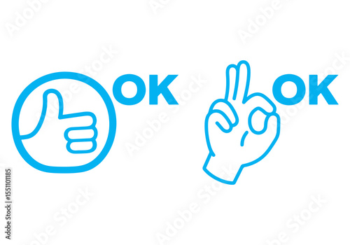 Blue thumbs up and ok hand gesture with ok text isolated on transparent background