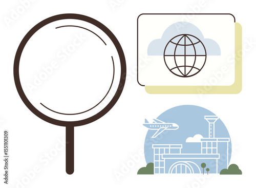 Magnifying glass, globe in cloud frame, airport with airplane departing. Ideal for travel, research, global connectivity, navigation, exploration analysis education. Simple flat metaphor