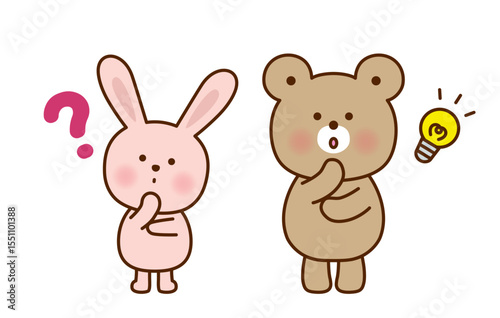 考え中のうさぎとひらめきのくまのイラストセット 