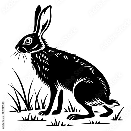 Fluffy white and brown domestic rabbit, bunny, and hare vector illustration, silhouette , isolated cute small furry pet mammal