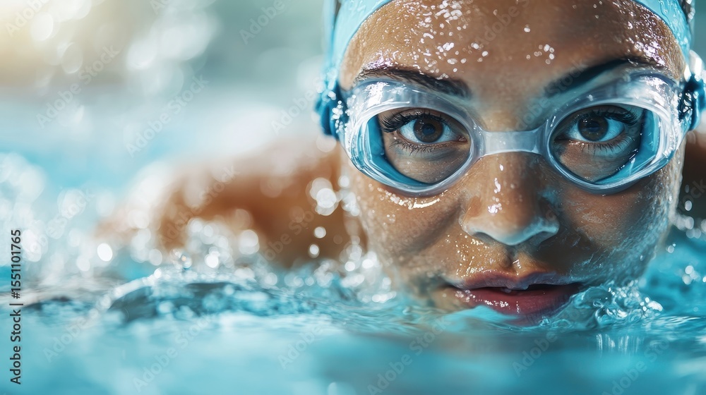 Fototapeta premium A focused female swimmer, wearing goggles, prepares to dive into the pool, embodying determination, strength, and the competitive spirit essential for a successful swimming race.