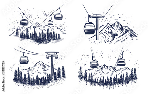 Ski Lift in mountain, Winter, blue on white, hand drawn, set Illustration	

