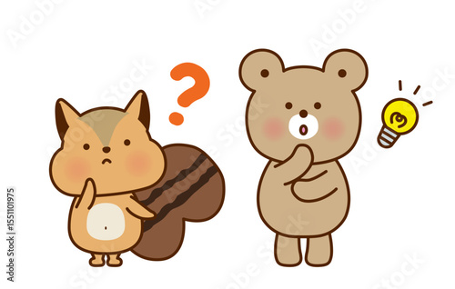 考え中のリスとひらめきのくまのイラストセット 