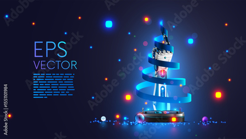 Cyborg hand creates a spiral Christmas tree in cyberspace. The Christmas tree on the podium in cyberspace. A New Year banner or card for Christmas and new year in the style of AI and new technologies