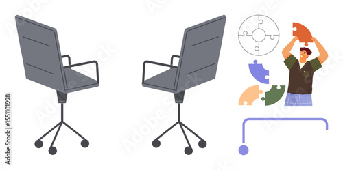 Office chairs and a person arranging puzzle pieces alongside a circular puzzle diagram, symbolizing teamwork, creativity, brainstorming, collaboration, problem-solving, innovation, and team-building