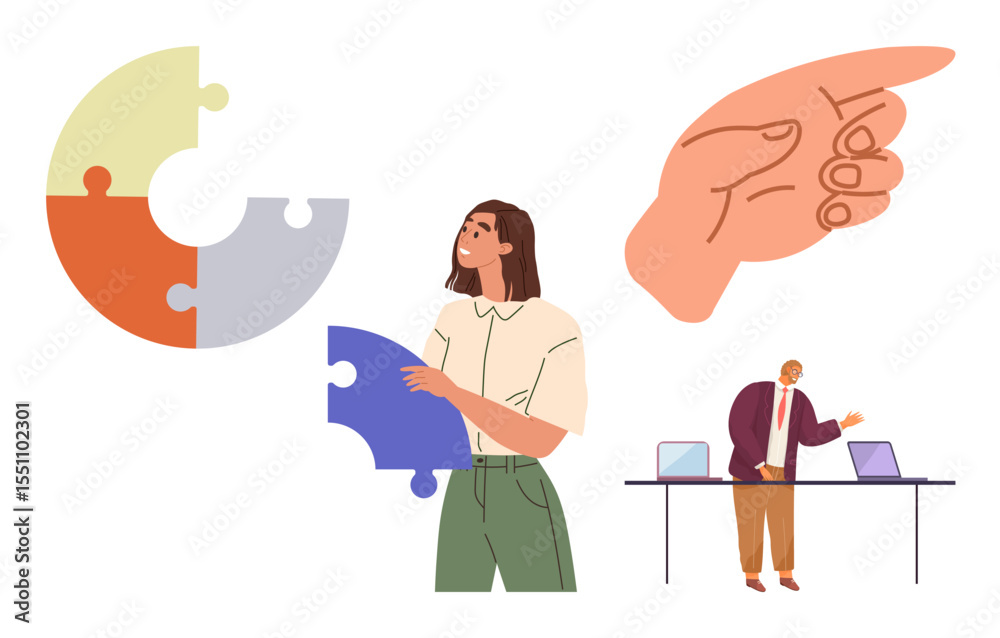 Fototapeta premium Professional holding a puzzle piece, pie chart diagram, pointing hand, team working with laptops. Ideal for problem-solving, collaboration, teamwork, project planning, leadership strategy