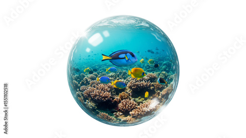 Underwater scene in a ball with colorful fish swimming around a coral reef