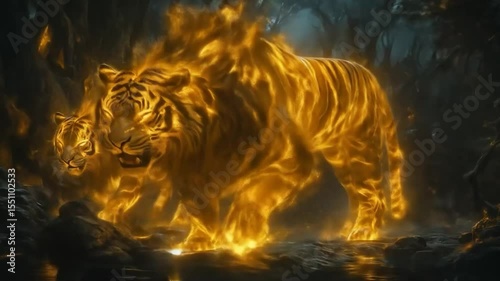 Fiery Tigers Prowling Enchanting Forest Night