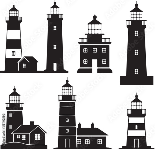 Black lighthouse silhouettes set for coastal art, nautical vector designs, and beach illustrations