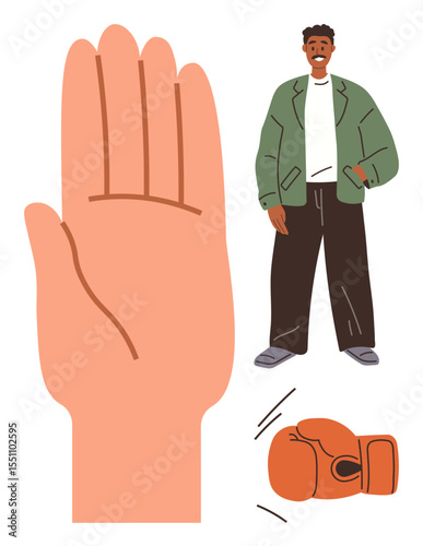 Open hand signaling peace or stop, orange boxing glove symbolizing sport or conflict, and man casually dressed. Ideal for concepts of conflict, peace, teamwork, challenges, choices, communication