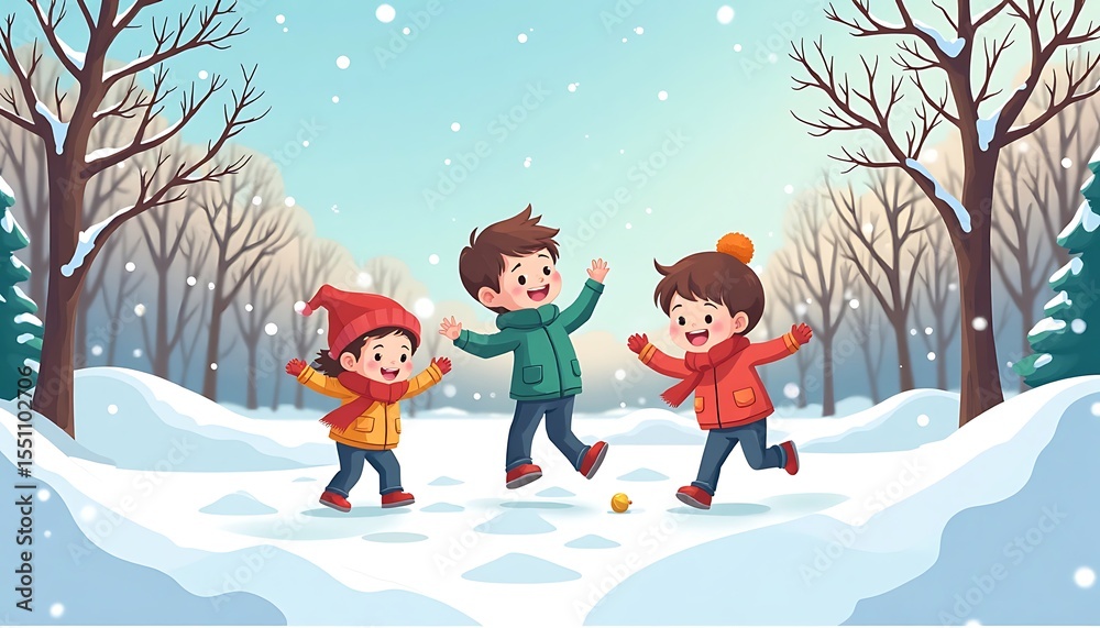 Fototapeta premium Children Playing in Snow Cartoon Illustration Winter Fun