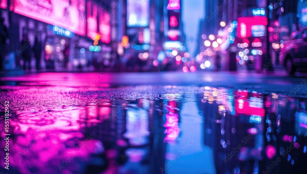 Fototapeta premium Neon-lit city street at night, reflected in a puddle