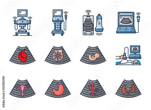 Ultrasound color line icons of medical ultrasonography, sonography or echography. Vector sonograms icons of ultrasonic scanner, ultrasound diagnostic machine and radiology equipment outline symbols
