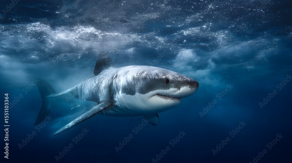 Fototapeta premium Majestic great white shark in the deep blue ocean