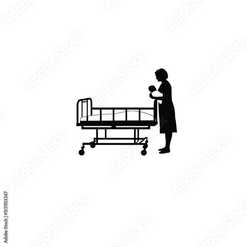 Silhouette of a nurse holding a newborn baby in a maternity ward on white background