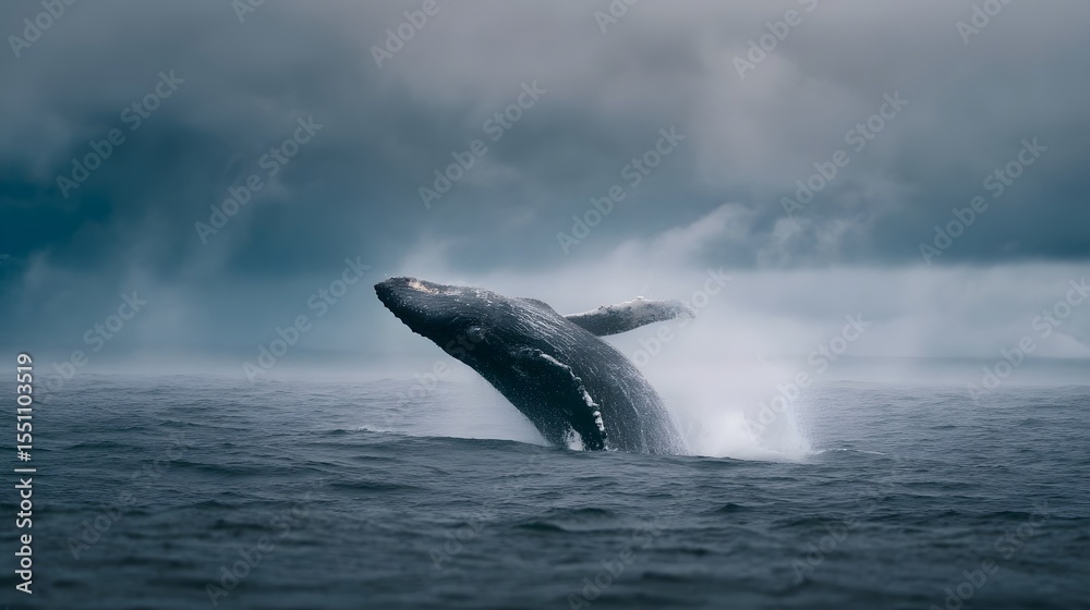 Fototapeta premium Whale breaching under dramatic cloudy sky in open ocean