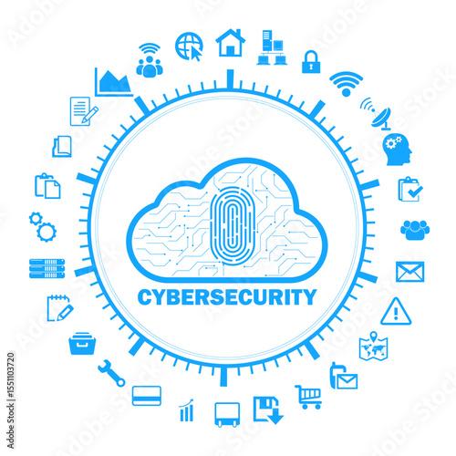 Cloud computing concept with fingerprint and cybersecurity icons, representing data protection, privacy, and digital network security