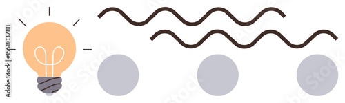 Light bulb with illumination rays, wavy lines, and gray dots symbolizing creativity, energy, connections, and innovation. Ideal for brainstorming, teamwork, knowledge sharing problem-solving