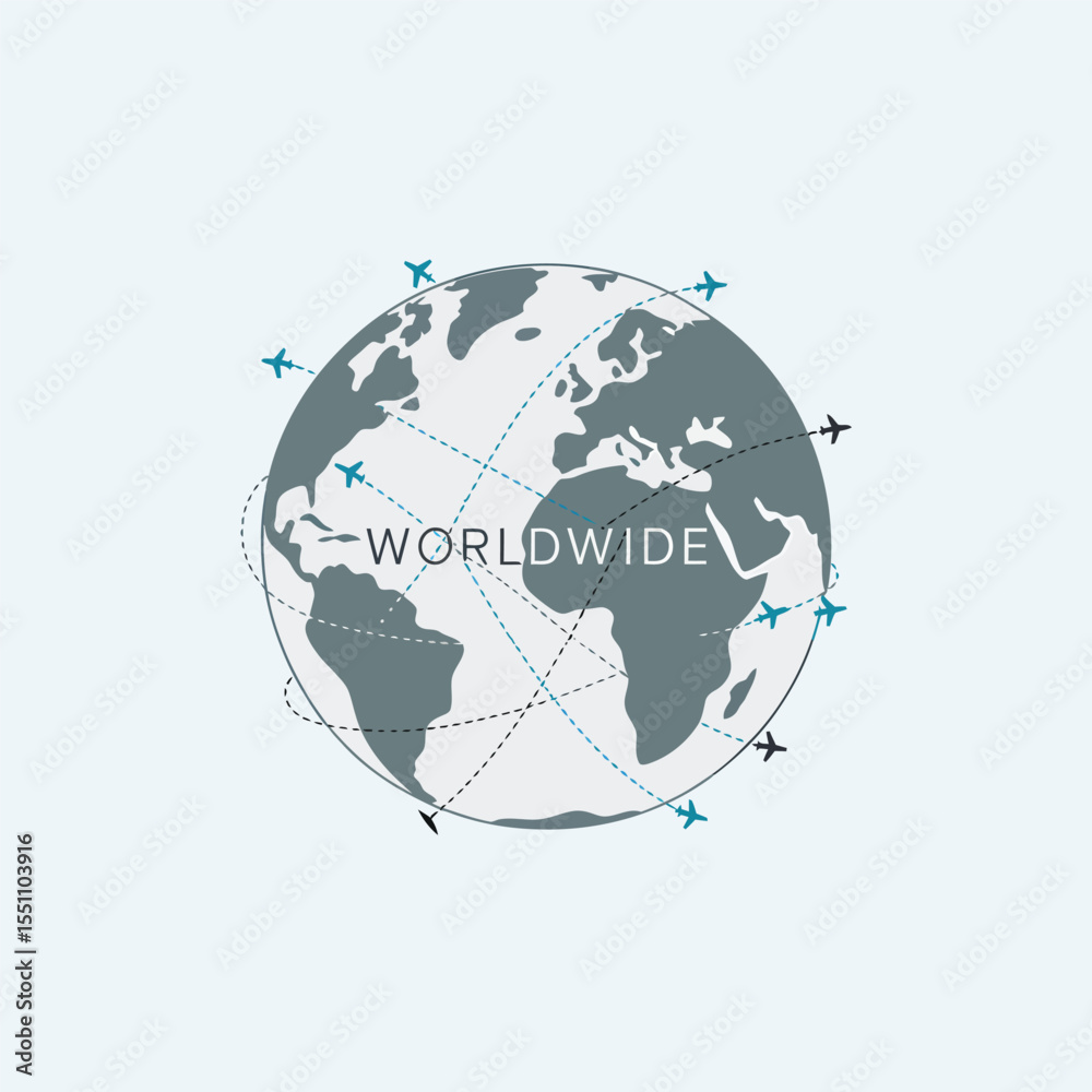 Fototapeta premium Gray Globe with Teal and Black Airplanes Illustrating Worldwide Air Travel Routes Simple Graphic Design