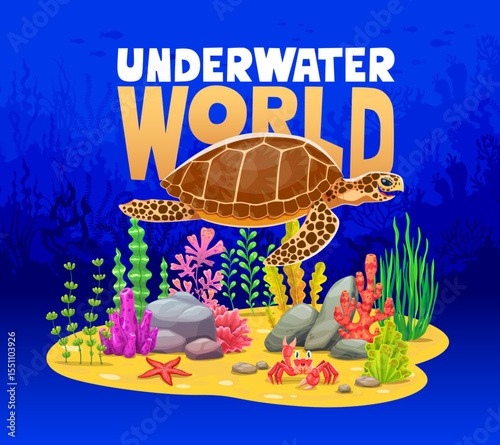 Underwater world banner with a turtle swimming in the ocean landscape with funny sea marine animals as crab and starfish on sandy bottom among coral reefs, bright seaweeds and rocks