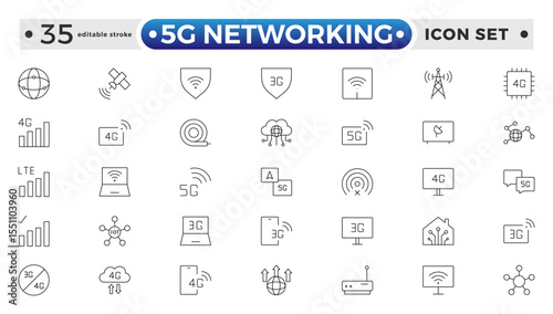 5G networking icons set. Set of communication tower, satellite dish, antenna, 3G, 4G network, wifi access point, pigtail, LTE USB modem, mast, signal, and SIM card. Editable stroke outline icon. 
