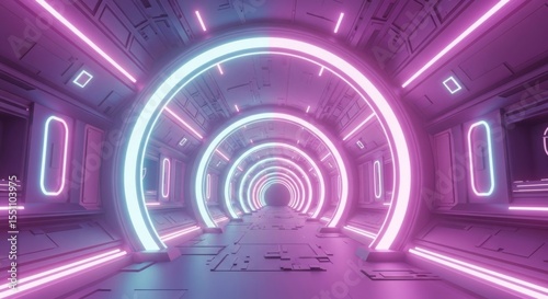 Futuristic Illuminated Tunnel with Neon Lights and Geometric Design