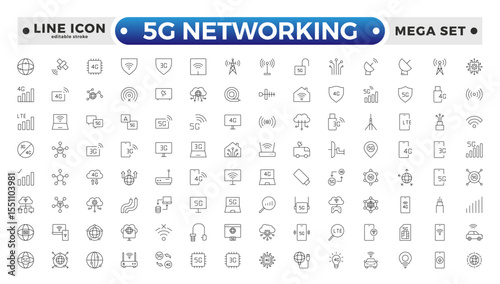 5G networking icons set. Set of communication tower, satellite dish, antenna, 3G, 4G network, wifi access point, pigtail, LTE USB modem, mast, signal, and SIM card. Editable stroke outline icon. 
