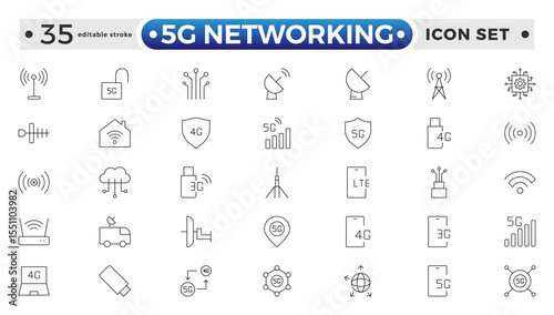 5G networking icons set. Set of communication tower, satellite dish, antenna, 3G, 4G network, wifi access point, pigtail, LTE USB modem, mast, signal, and SIM card. Editable stroke outline icon. 

