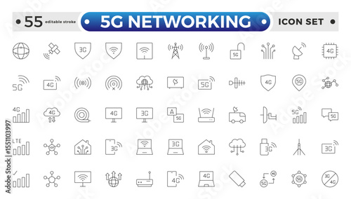 5G networking icons set. Set of communication tower, satellite dish, antenna, 3G, 4G network, wifi access point, pigtail, LTE USB modem, mast, signal, and SIM card. Editable stroke outline icon. 
