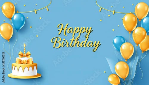 Elegant blue & gold birthday card set featuring cake & balloons Vector illustration,  party,  event