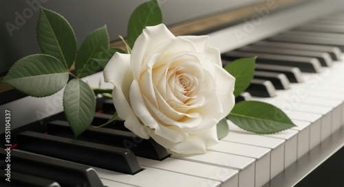 Romantic Piano Music A Delicate White Rose Resting On Keys